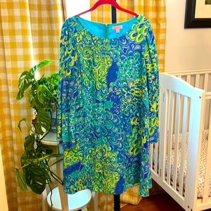 Lilly Pulitzer 3/4 Sleeve Dress Women Size Large L Peacock Print
